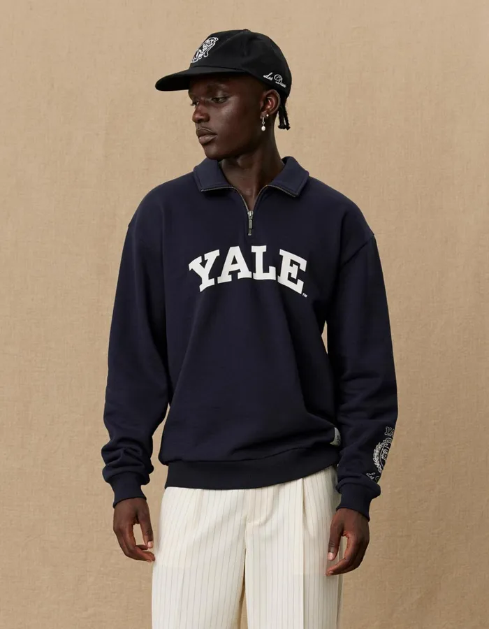 Men Les Deux HoodiesSweatshirts Yale Logo HalfZip Sweatshirt 8211 Dark Navy
