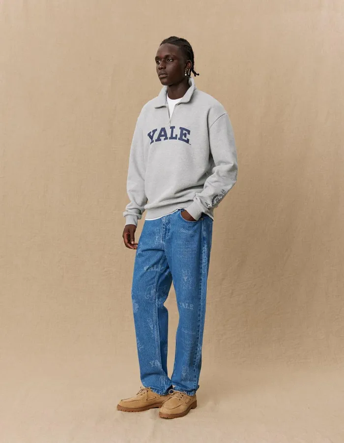Men Les Deux HoodiesSweatshirts Yale Logo HalfZip Sweatshirt 8211 Light Grey Melange