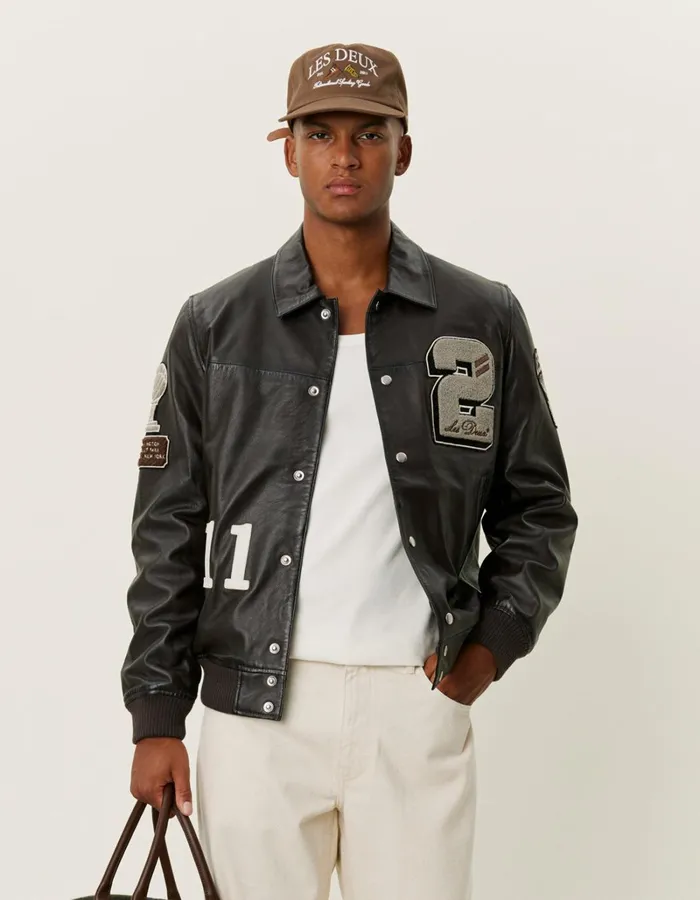Men Les Deux JacketsCoats Les Deux Varsity Leather Jacket 8211 Brown