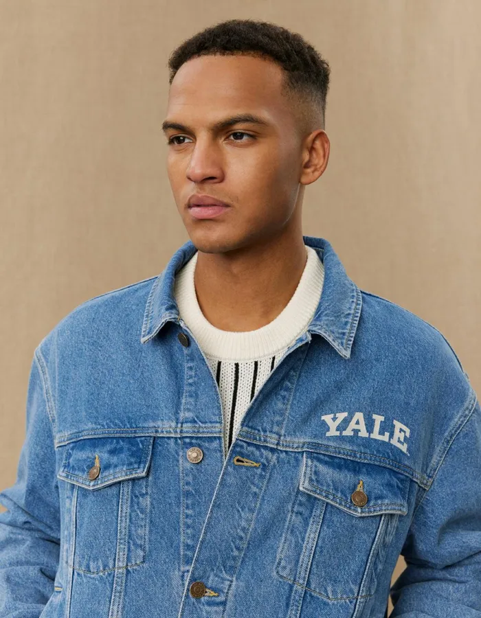Men Les Deux JacketsCoats Rally Yale Bulldog Denim Jacket 8211 Medium Indigo Wash