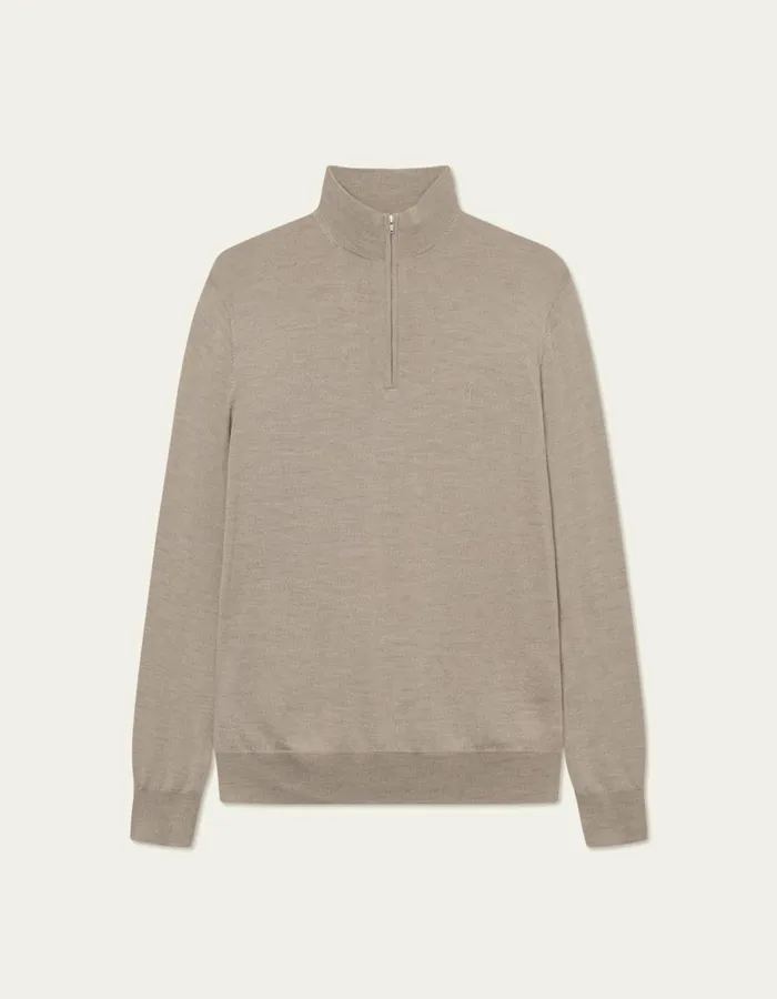 Men Les Deux Knitwear Greyson HalfZip Merino Knit 8211 Dark Sand Melange