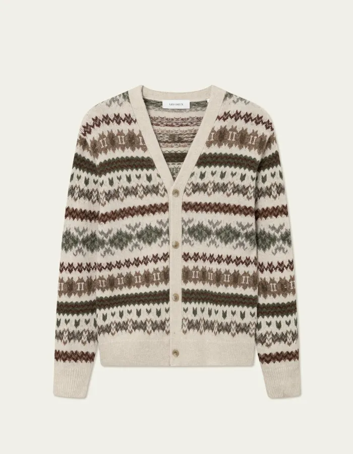 Men Les Deux Knitwear Hordur Fair Isle Cardigan 8211 Light Desert SandCoffee Brown