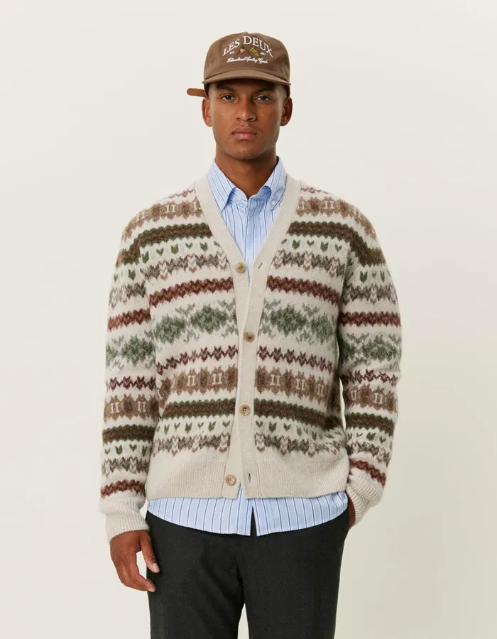 Men Les Deux Knitwear Hordur Fair Isle Cardigan 8211 Light Desert SandCoffee Brown