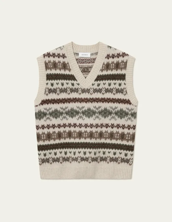 Men Les Deux Knitwear Hordur Fair Isle Slipover 8211 Light Desert SandCoffee Brown