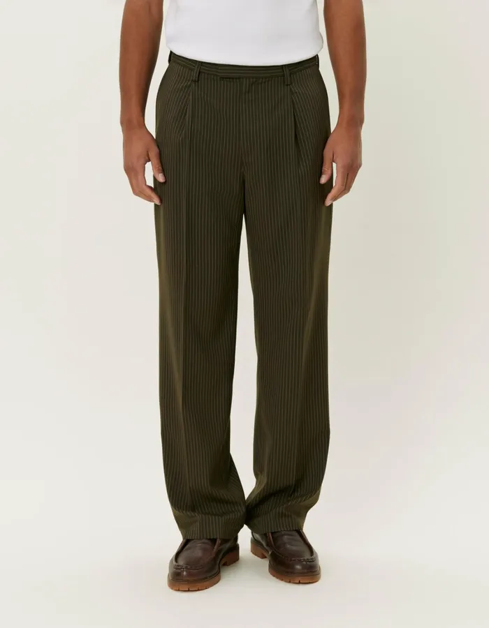 Men Les Deux Pants Reece Pleated Pinstripe Suit Pants 8211 Forest GreenLight Grey