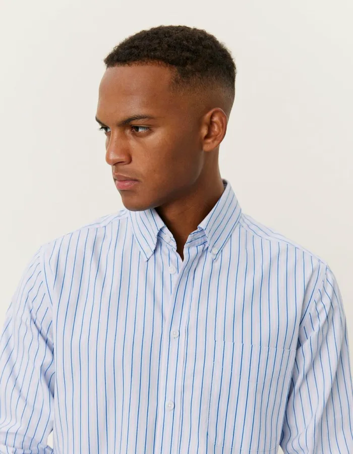 Men Les Deux ShirtsOvershirts Kent Stripe Peached Poplin Shirt 8211 Bel Air BlueOyster Rose