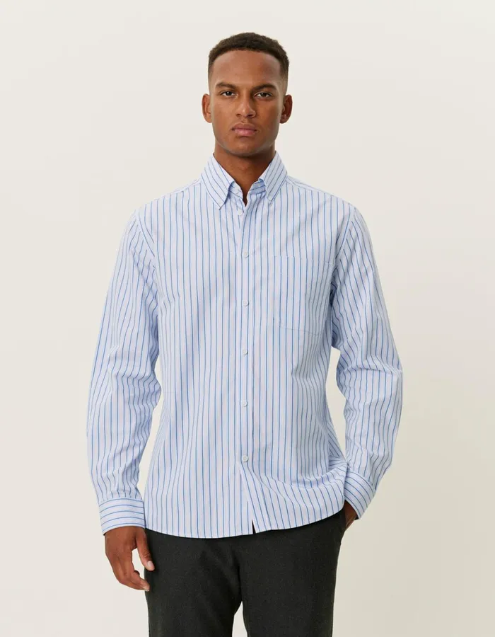 Men Les Deux ShirtsOvershirts Kent Stripe Peached Poplin Shirt 8211 Bel Air BlueOyster Rose