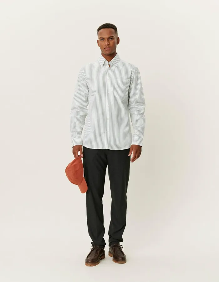 Men Les Deux ShirtsOvershirts Kent Stripe Peached Poplin Shirt 8211 WhiteVintage Green