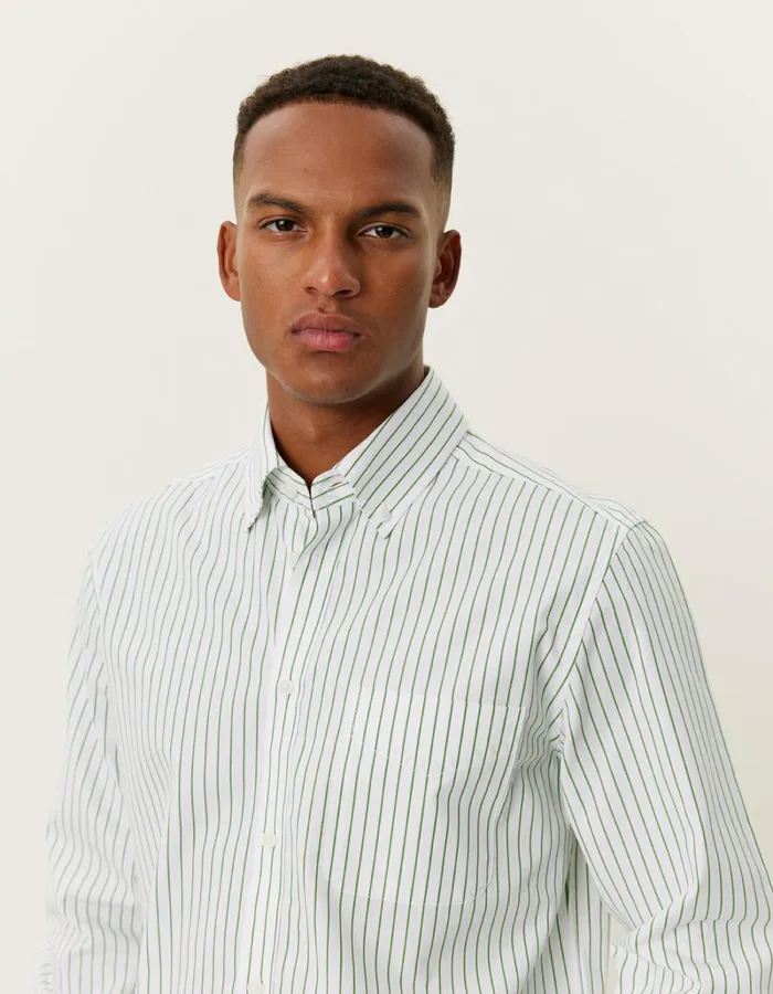 Men Les Deux ShirtsOvershirts Kent Stripe Peached Poplin Shirt 8211 WhiteVintage Green