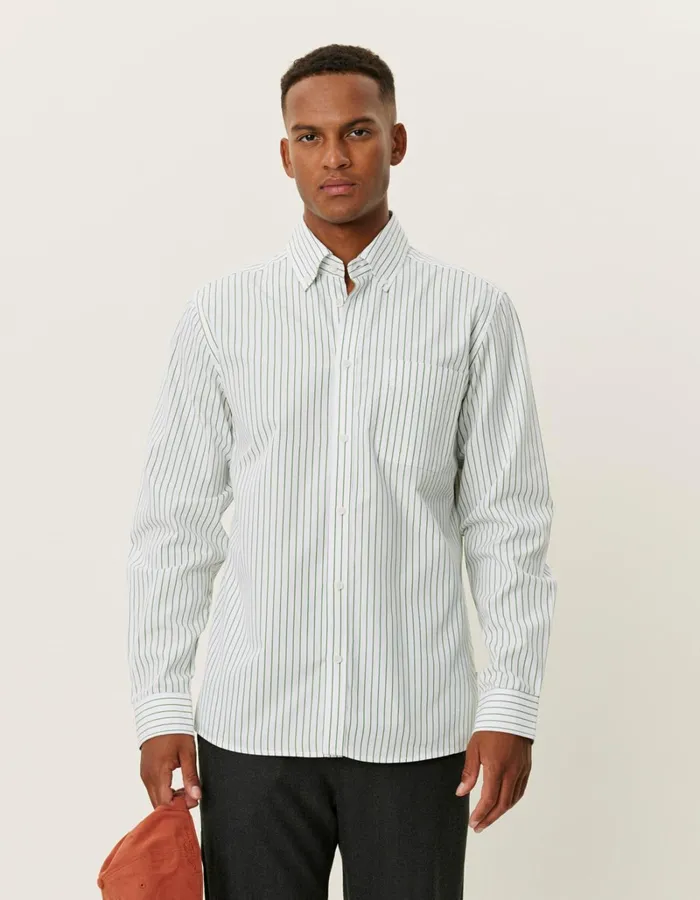 Men Les Deux ShirtsOvershirts Kent Stripe Peached Poplin Shirt 8211 WhiteVintage Green