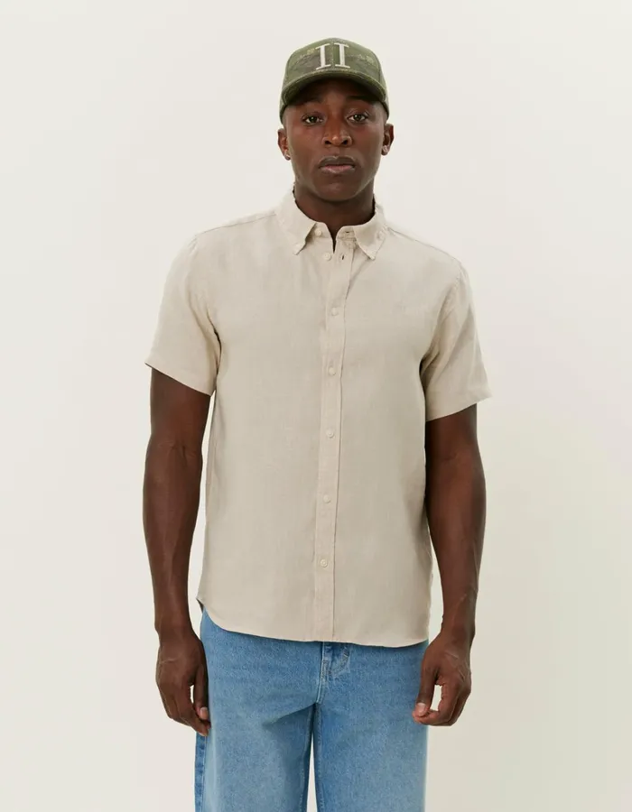 Men Les Deux ShirtsOvershirts Kris Linen SS Shirt 8211 Light IvoryLichen Green