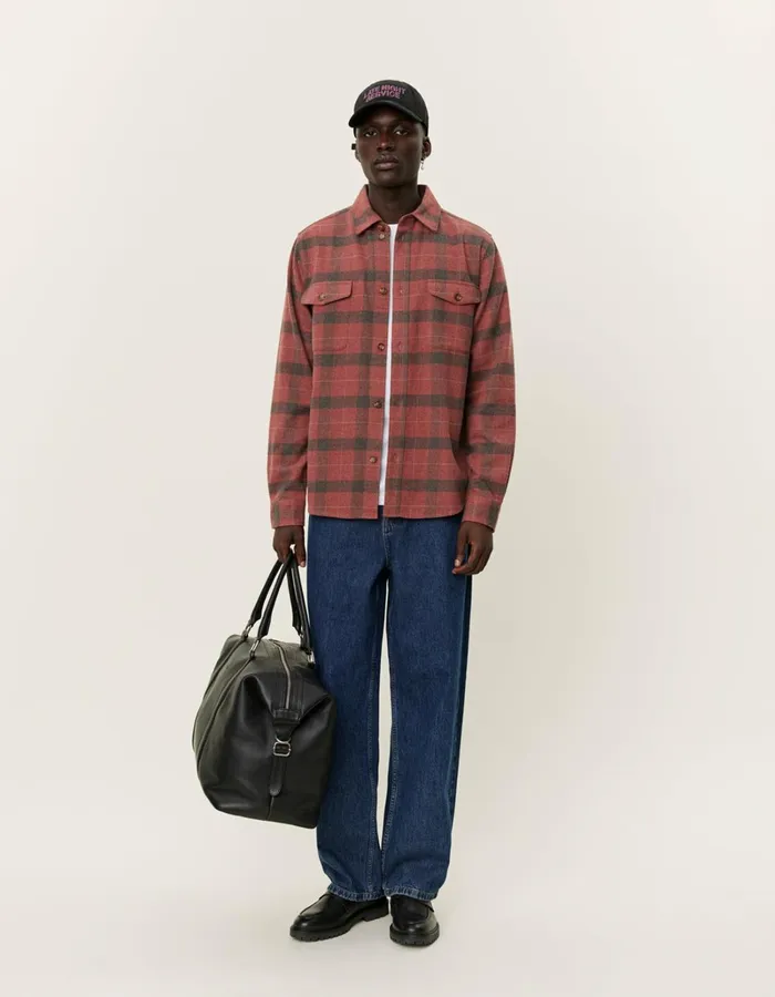 Men Les Deux ShirtsOvershirts Lennon Flannel Check Overshirt 8211 Coffee BrownFired Brick