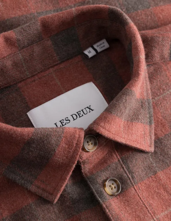 Men Les Deux ShirtsOvershirts Lennon Flannel Check Overshirt 8211 Coffee BrownFired Brick