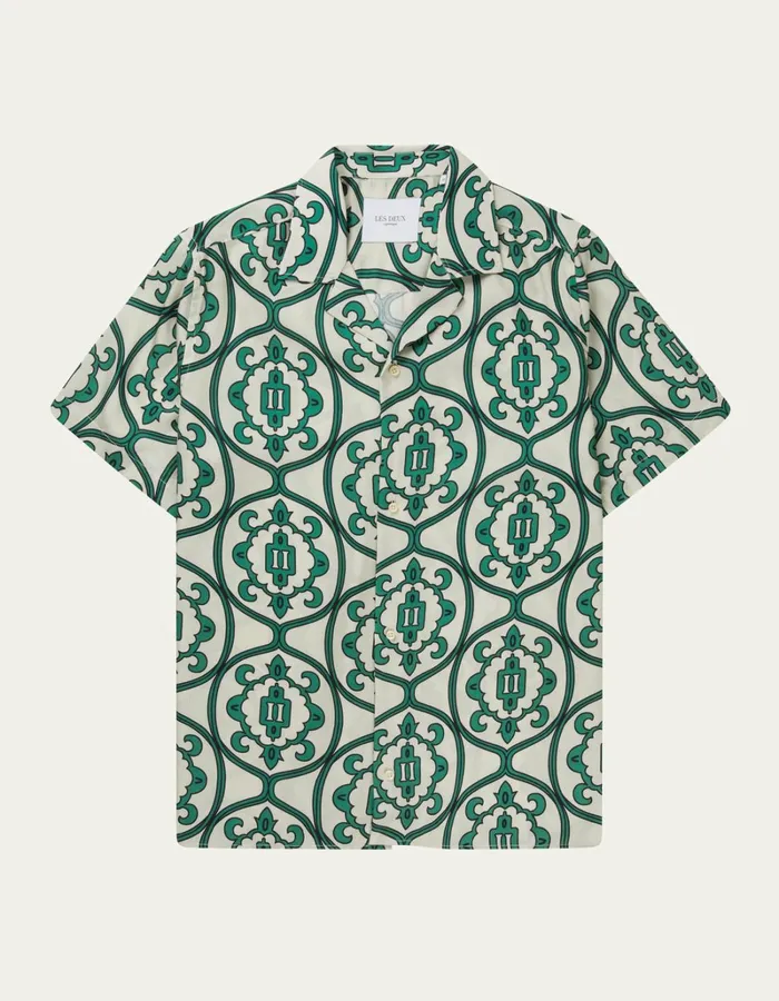 Men Les Deux ShirtsOvershirts Ornament AOP SS Shirt 8211 IvoryVintage Green
