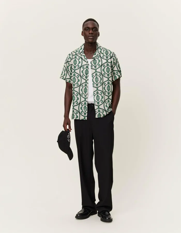 Men Les Deux ShirtsOvershirts Ornament AOP SS Shirt 8211 IvoryVintage Green
