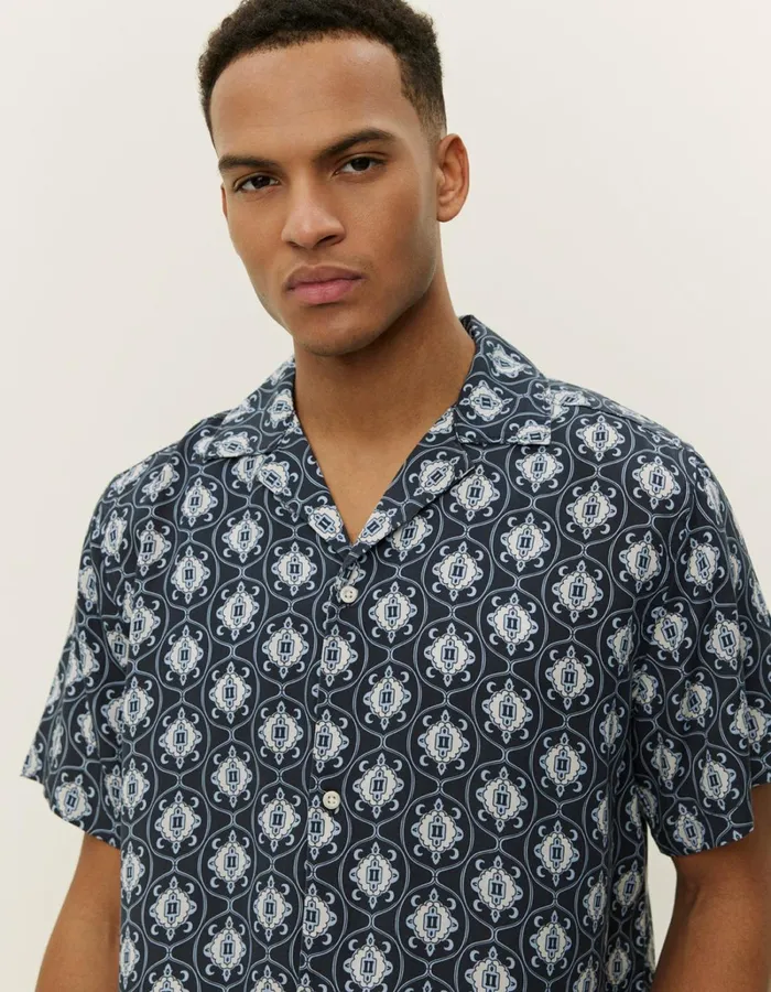 Men Les Deux ShirtsOvershirts Ornament Tencel SS Shirt 8211 Dark NavyLight Blue