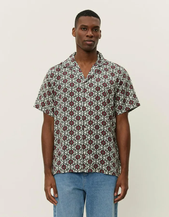 Men Les Deux ShirtsOvershirts Ornament Tencel SS Shirt 8211 IvoryChive Green
