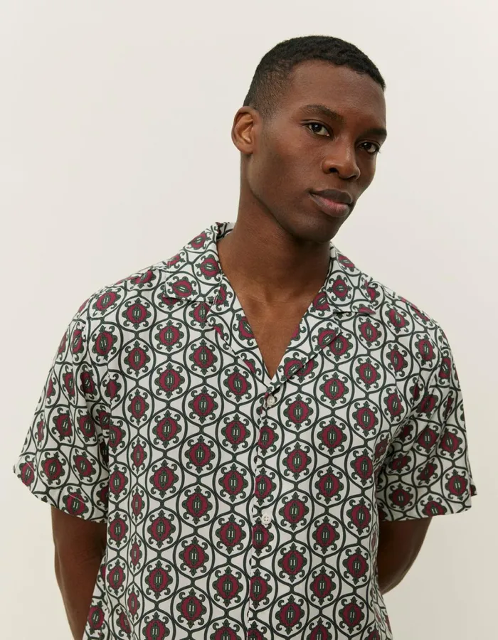 Men Les Deux ShirtsOvershirts Ornament Tencel SS Shirt 8211 IvoryChive Green