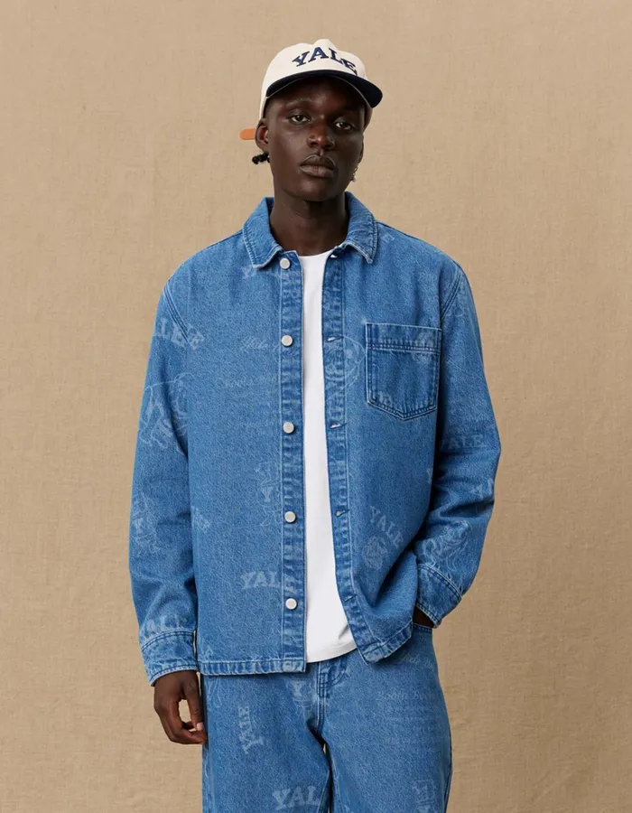 Men Les Deux ShirtsOvershirts Yale Logo Denim Overshirt 8211 Light Denim Blue
