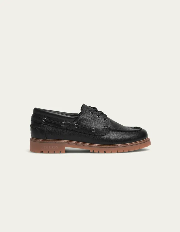 Men Les Deux Shoes Taylor Leather Boat Shoe 8211 BlackBlack