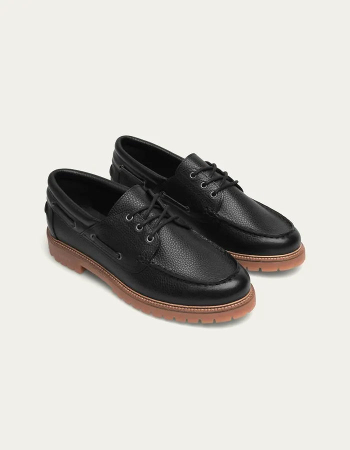 Men Les Deux Shoes Taylor Leather Boat Shoe 8211 BlackBlack