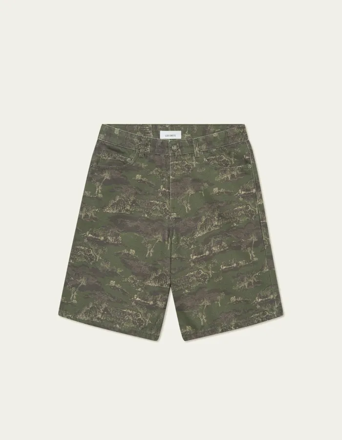 Men Les Deux Shorts Ryder AOP Denim Shorts 8211 Chive GreenSummer Melon