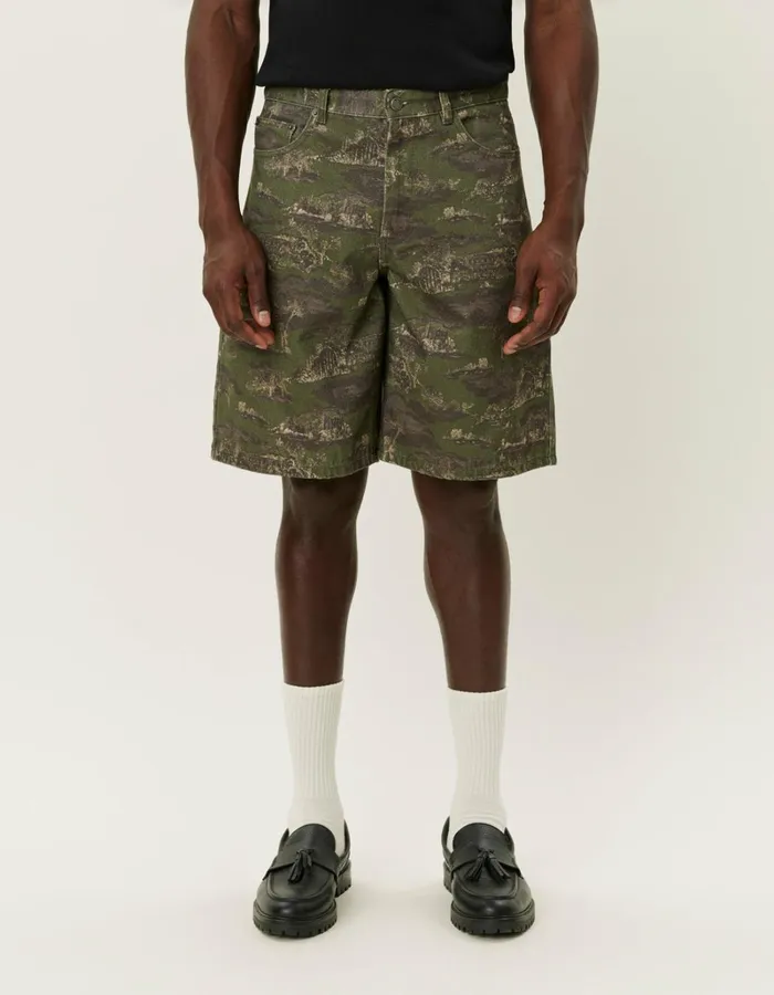 Men Les Deux Shorts Ryder AOP Denim Shorts 8211 Chive GreenSummer Melon