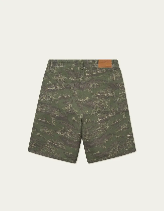 Men Les Deux Shorts Ryder AOP Denim Shorts 8211 Chive GreenSummer Melon