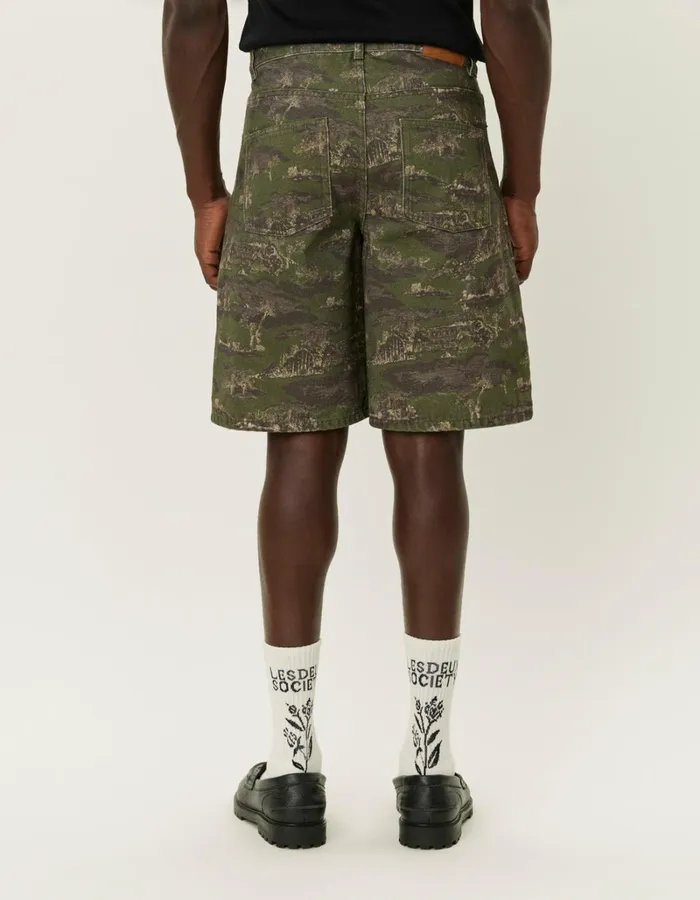 Men Les Deux Shorts Ryder AOP Denim Shorts 8211 Chive GreenSummer Melon