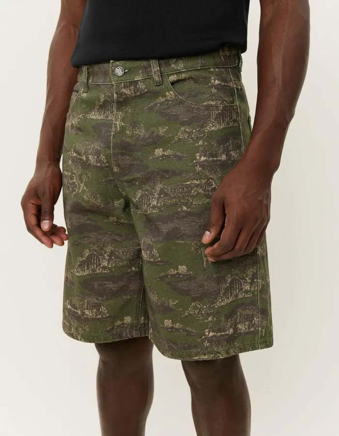 Men Les Deux Shorts Ryder AOP Denim Shorts 8211 Chive GreenSummer Melon