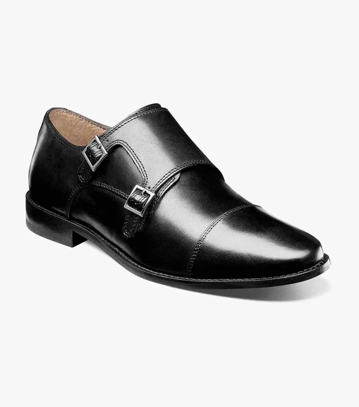 Men Montinaro Cap Toe Monk Strap Black Florsheim Dress Shoes