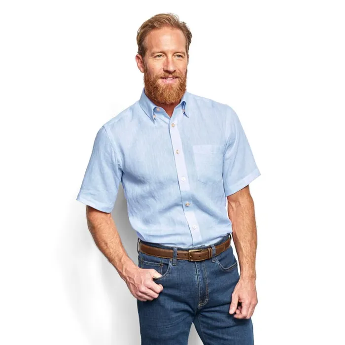 Men Pure Linen ShortSleeved Shirt Light Blue Orvis Shirts