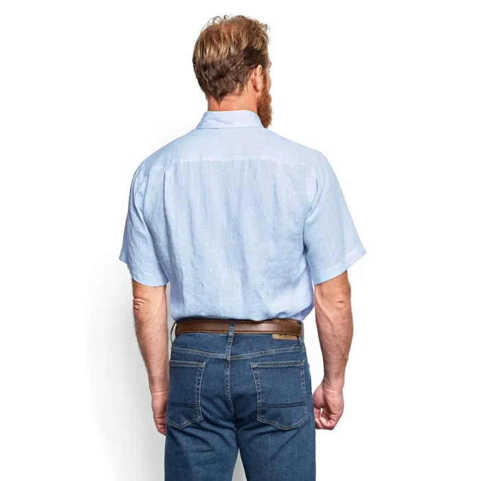Men Pure Linen ShortSleeved Shirt Light Blue Orvis Shirts