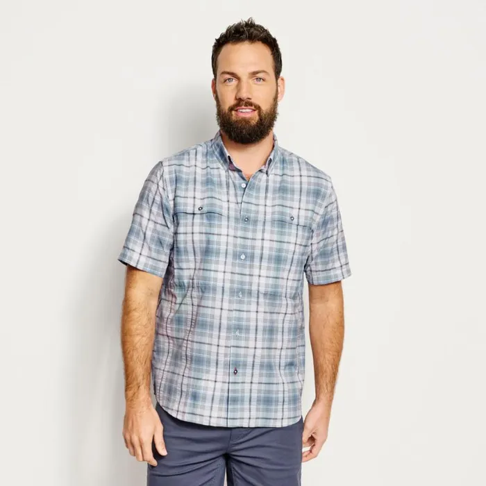 Men ShortSleeved Open Air Casting Shirt Blue Fog Plaid Orvis Shirts