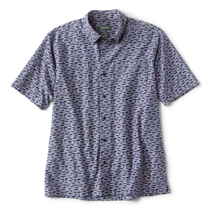 Men Upstream Fish Print ShortSleeved Shirt Blue Orvis Shirts