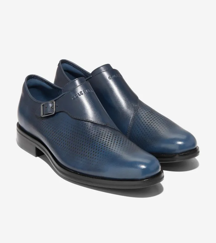 Men Washington Grand Laser Monk Strap Shoes Navy Blazerblack Cole Haan Oxfords