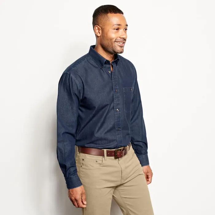 Men WrinkleFree Pure Cotton Denim Shirt Washed Indigo Orvis Shirts