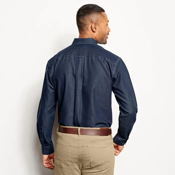 Men WrinkleFree Pure Cotton Denim Shirt Washed Indigo Orvis Shirts