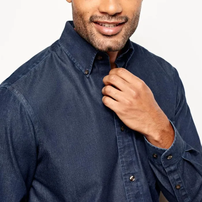 Men WrinkleFree Pure Cotton Denim Shirt Washed Indigo Orvis Shirts
