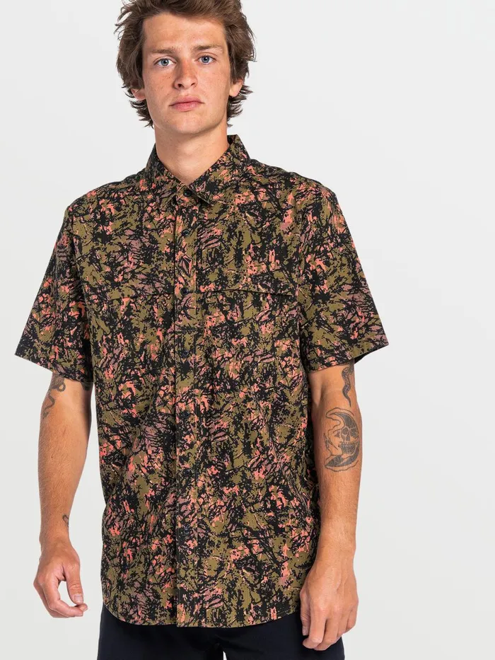 Mens Shirts and Flannels Volcom Layne Short Sleeve 8211 Military