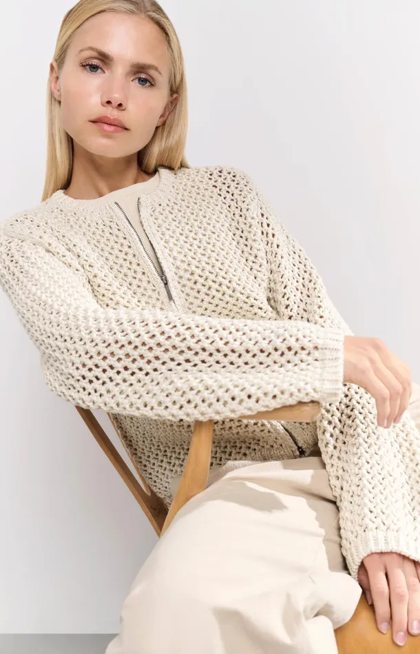 Mesh Stitch Cardigan With Zipper And Regular Fit Summer Sand Women YAYA Cardigans Mesh Stitch Cardigan With Zipper And Regular Fit Summer Sand Women YAYA Cardigans