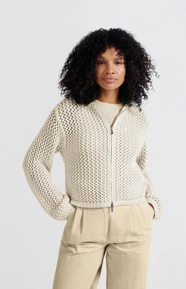 Mesh Stitch Cardigan With Zipper And Regular Fit Summer Sand Women YAYA Cardigans Mesh Stitch Cardigan With Zipper And Regular Fit Summer Sand Women YAYA Cardigans