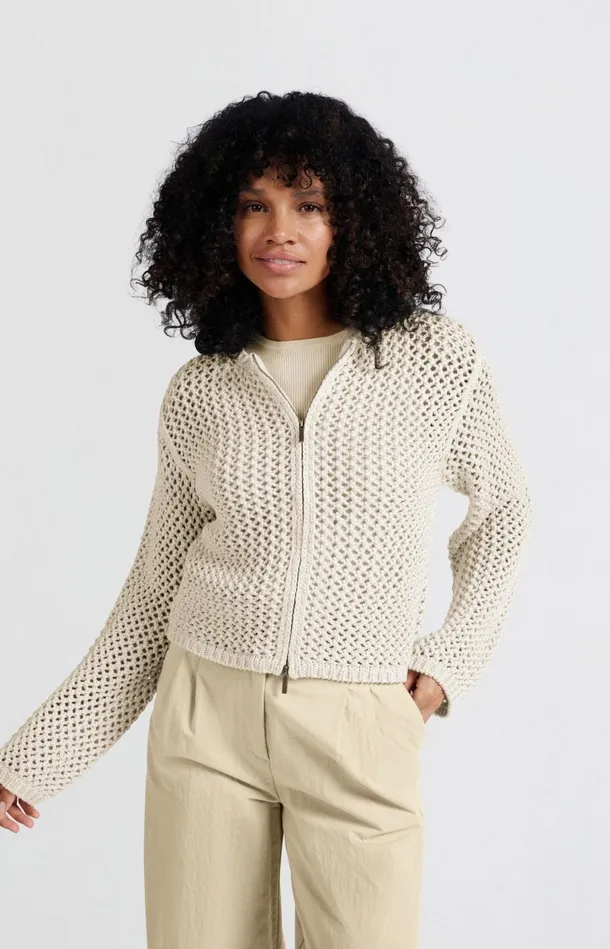 Mesh Stitch Cardigan With Zipper And Regular Fit Summer Sand Women YAYA Cardigans Mesh Stitch Cardigan With Zipper And Regular Fit Summer Sand Women YAYA Cardigans