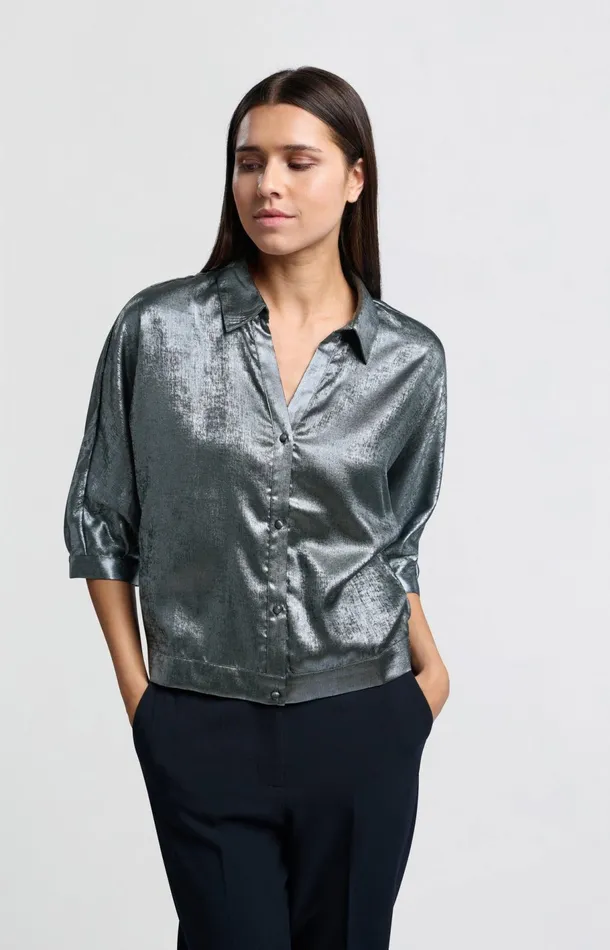 Metallic Blouse With Threequarter Batwing Sleeves Dark Metal Grey Women YAYA Blouses Metallic Blouse With Threequarter Batwing Sleeves Dark Metal Grey Women YAYA Blouses