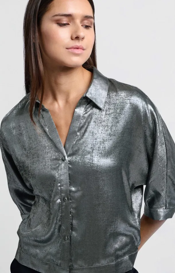 Metallic Blouse With Threequarter Batwing Sleeves Dark Metal Grey Women YAYA Blouses Metallic Blouse With Threequarter Batwing Sleeves Dark Metal Grey Women YAYA Blouses