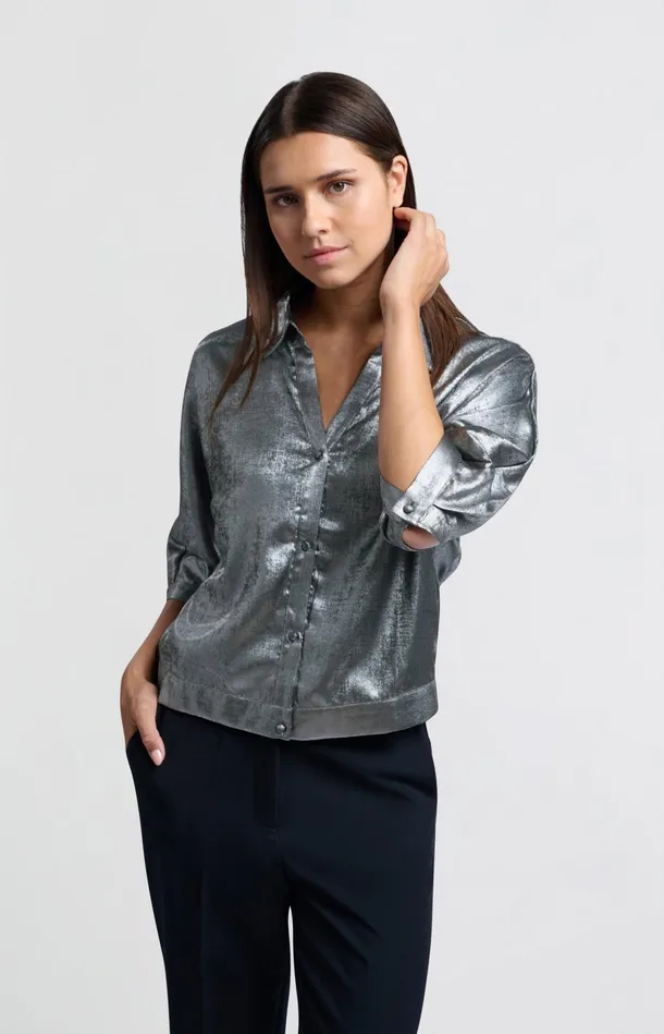 Metallic Blouse With Threequarter Batwing Sleeves Dark Metal Grey Women YAYA Blouses Metallic Blouse With Threequarter Batwing Sleeves Dark Metal Grey Women YAYA Blouses