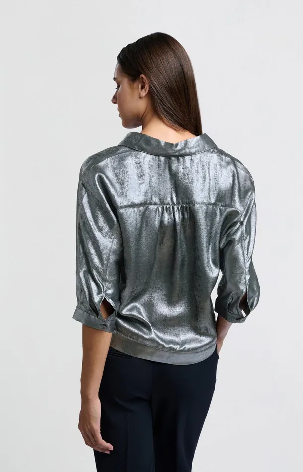 Metallic Blouse With Threequarter Batwing Sleeves Dark Metal Grey Women YAYA Blouses Metallic Blouse With Threequarter Batwing Sleeves Dark Metal Grey Women YAYA Blouses