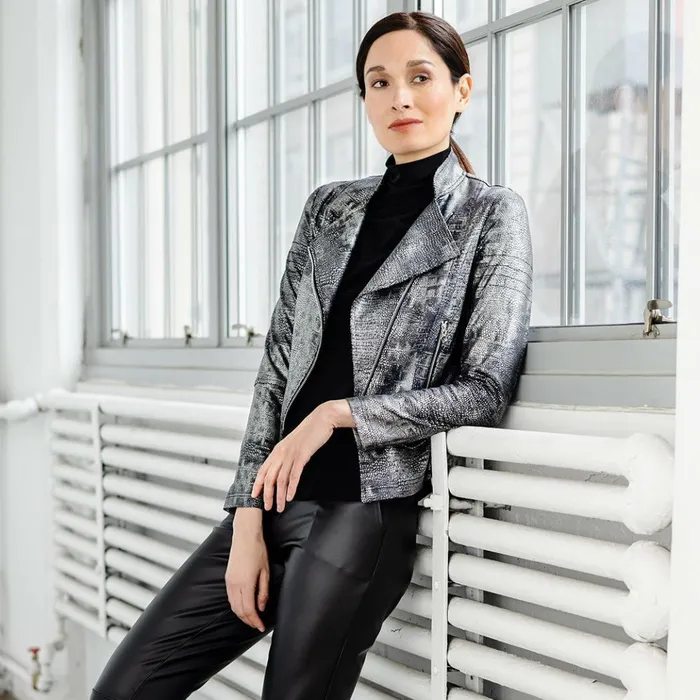 Metallic Liquid Leather Textured Biker Jacket 8211 Gunmetal Silver Women Clara Sunwoo Jackets Cardigans