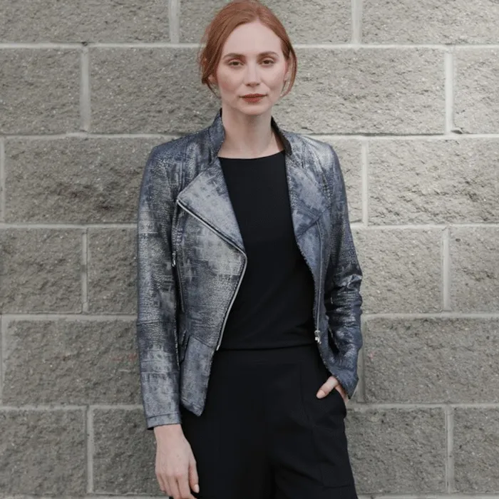Metallic Liquid Leather Textured Biker Jacket 8211 Gunmetal Silver Women Clara Sunwoo Jackets Cardigans