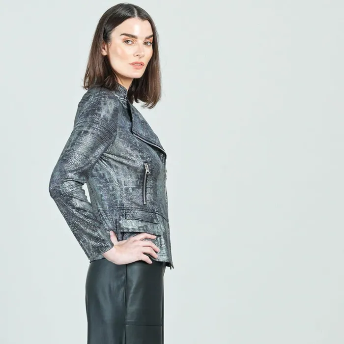 Metallic Liquid Leather Textured Biker Jacket 8211 Gunmetal Silver Women Clara Sunwoo Jackets Cardigans